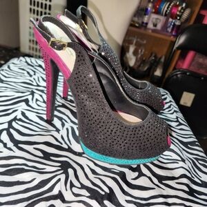 Y2k Mcbling Black Rhinestones teal green and purple peep toe high pump heels